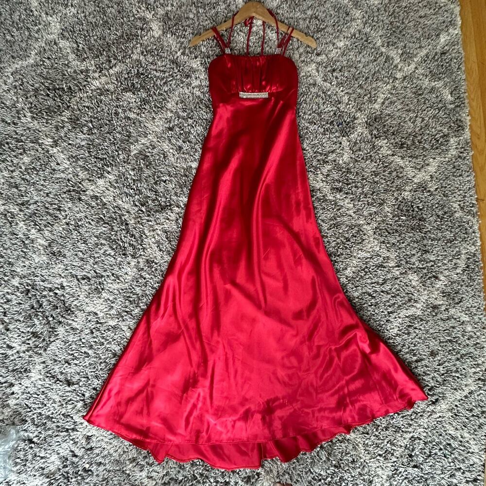 Jessica McClintock Gunne Sax Rhinestone Strappy Satin Formal Maxi Gown Prom